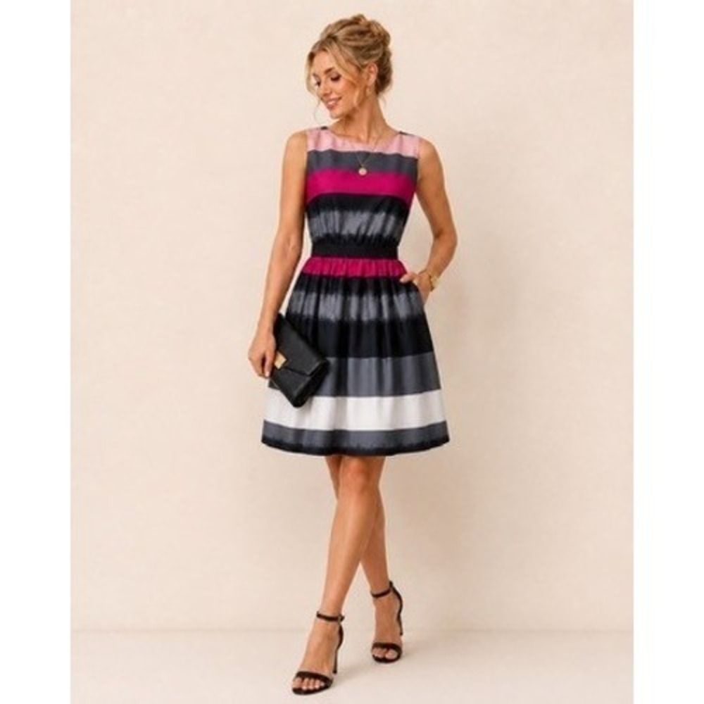 LOFT Petites Pink Grey Striped Sleeveless Fit and Flare Dress Size Small Petite - Picture 2 of 12